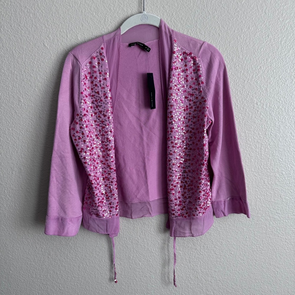 The Limited Pink Sequin Open Front Cardigan Chiffon Trim 3/4 Sleeve NWT Medium